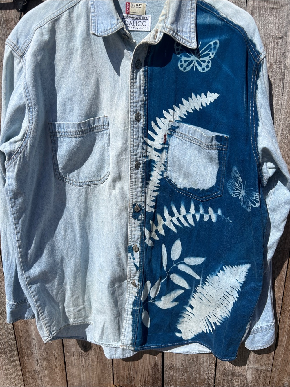 Levi's Two-Tone Light and Dark Blue Denim Shirt Jacket with Butterfly Print
